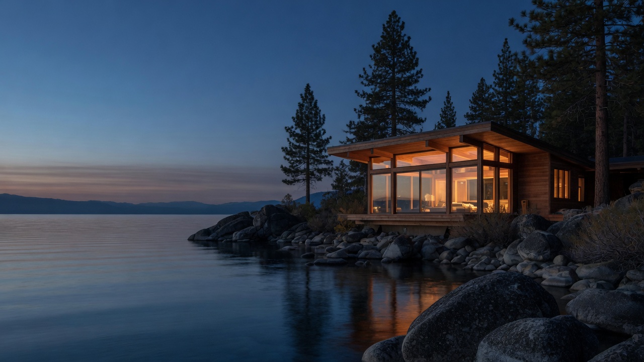 A modern glass-and-timber lakehouse at the edge of Lake Tahoe at blue hour