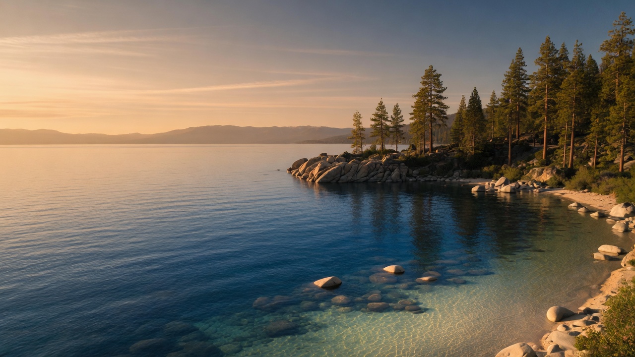 A calm Lake Tahoe cove at golden hour near Incline Village
