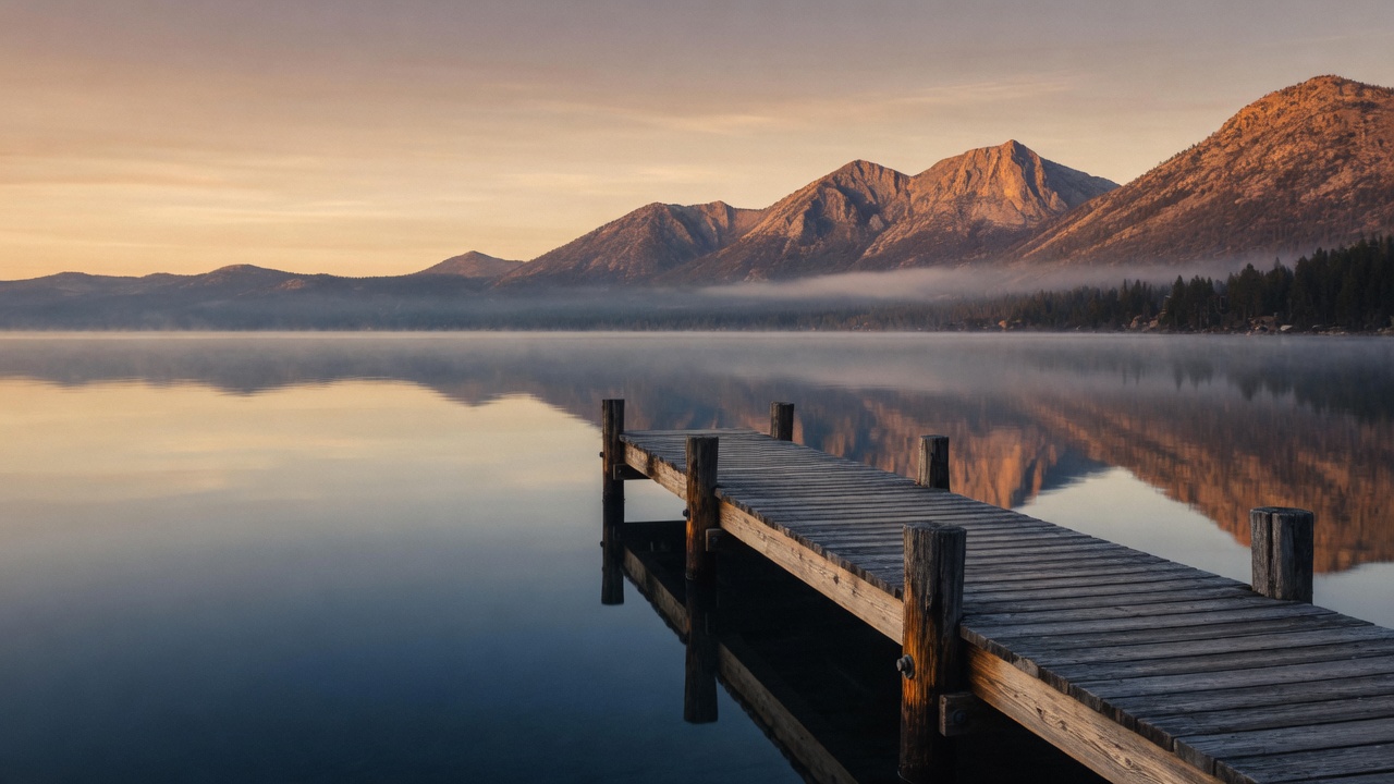 A wooden dock reaching into mirror-calm Lake Tahoe at sunrise