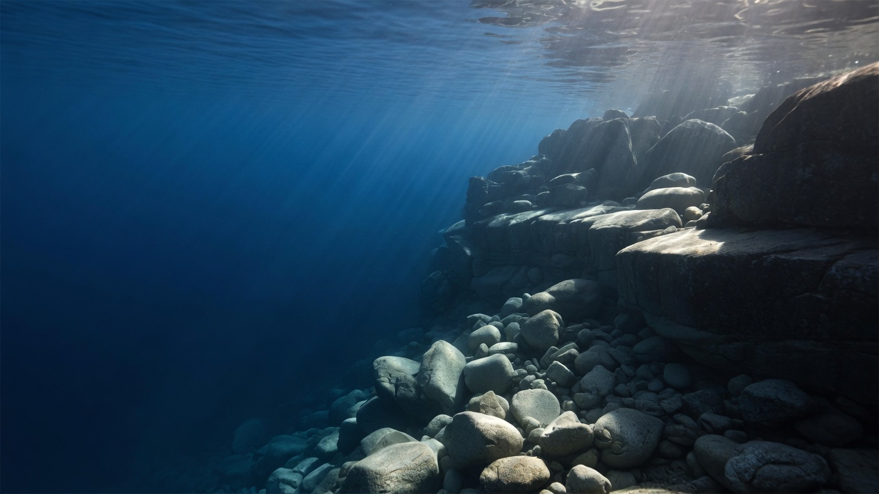 Sunlight descending through deep, clear Lake Tahoe water over granite boulders