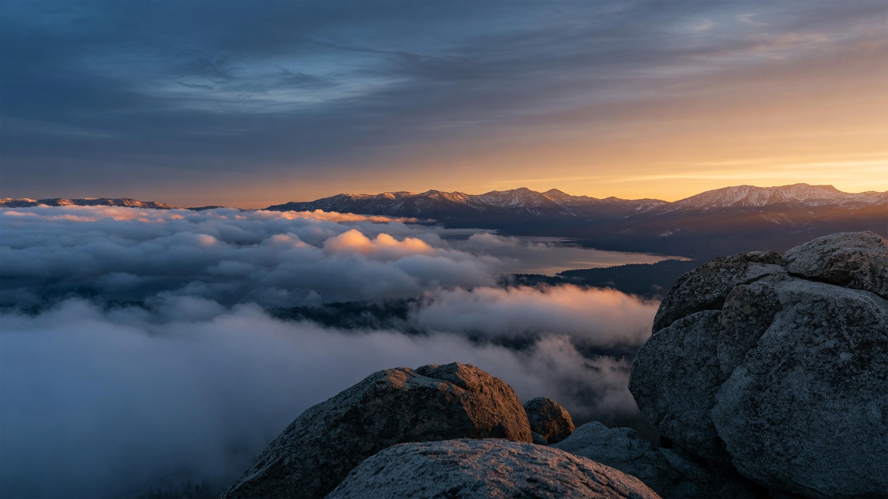 View from a Sierra summit over Lake Tahoe and a sea of clouds at sunrise