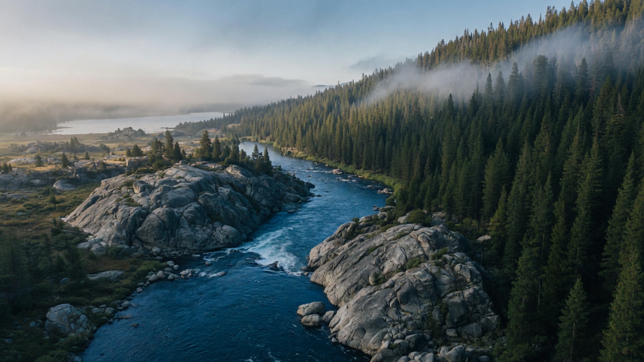 Aerial of an alpine river winding through Sierra granite and pine near Lake Tahoe