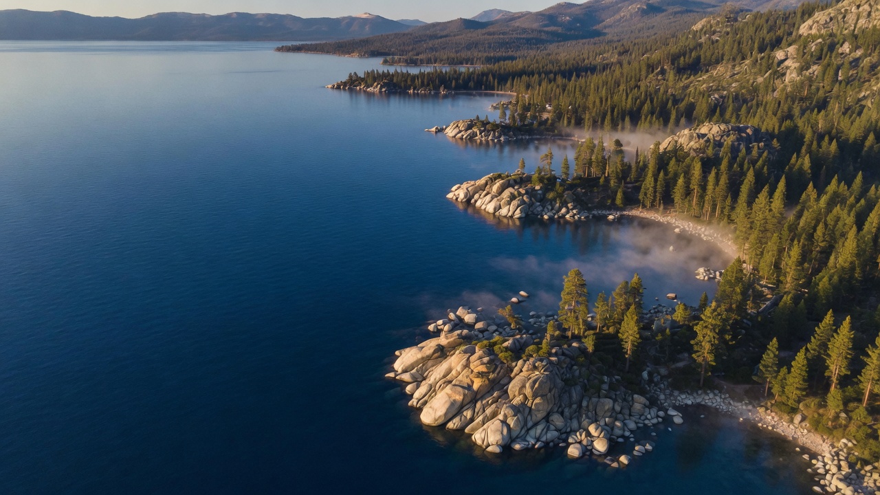 Aerial view of Lake Tahoe's granite coves and pine shoreline