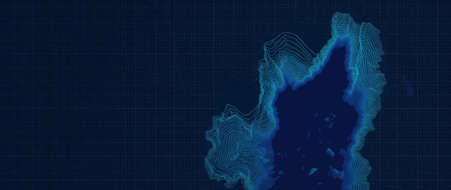 Bathymetric depth map of Lake Tahoe as glowing contour lines on a data grid